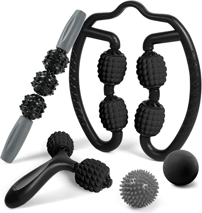 Odoland Foam Roller Set with 360° Trigger Point Massage Roller, Muscle Roller Stick, Y Shaped Handheld Roller, 2 Massage Ball for Leg, Arms, Muscle Myofascial and Deep Tissue Pain Relief, Black-FlexoryFit
