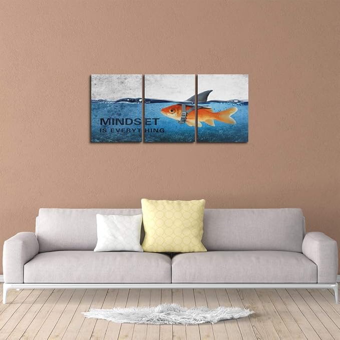 3 Panels Modern Framed Inspirational Canvas Wall Art Goldfish Body Strong Shark Heart Mindset is Everything Motivational Wooden Decor Posters for Office Gym Classroom Home Decoration(48''W x 24''H)-FlexoryFit
