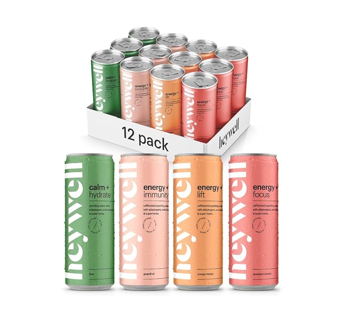 Heywell Sparkling Adaptogenic Water, Variety Pack 12 Fluid Ounce (Pack of 12) Includes - Lime, Grapefruit, Orange Mango, Strawberry Lemon - Calm Drink, Sparkling Drink-FlexoryFit