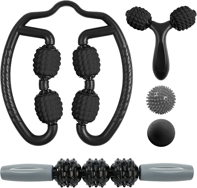 Odoland Foam Roller Set with 360° Trigger Point Massage Roller, Muscle Roller Stick, Y Shaped Handheld Roller, 2 Massage Ball for Leg, Arms, Muscle Myofascial and Deep Tissue Pain Relief, Black-FlexoryFit