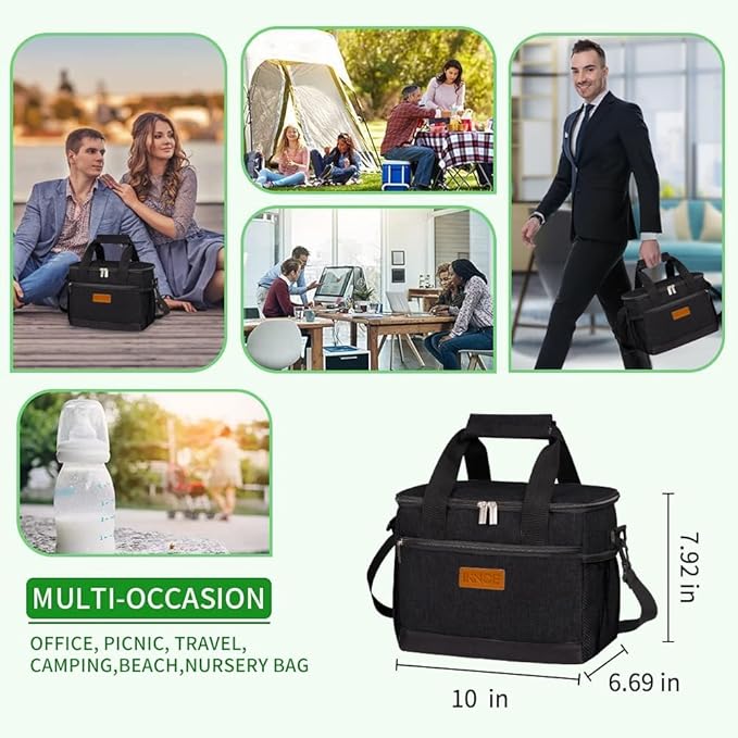 iknoe Insulated Lunch Bag, Foldable 8.5L Cooler Bag for Men & Women, Leakproof Thermal Design, Great for Office, Picnic, Travel, Lunch Box, Black-FlexoryFit