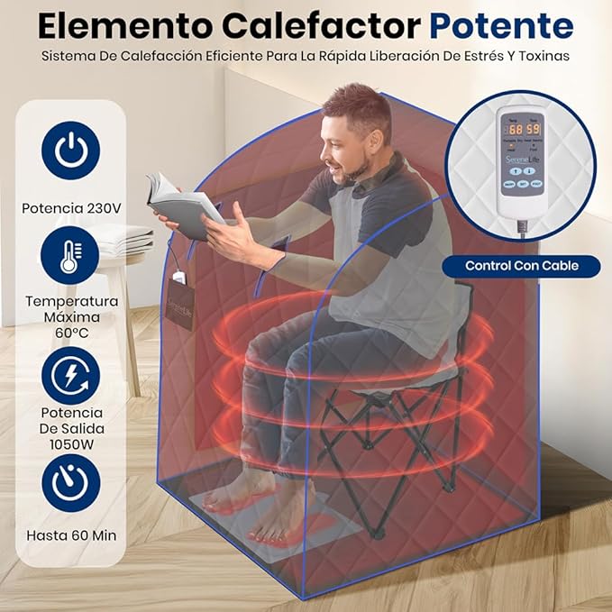 SereneLife Portable Sauna Box for Home, Infrared Sauna Tent with Heated Foot Pad and Folding Chair, Remote Control In-Home Spa, 38" x 32” - (Silver)