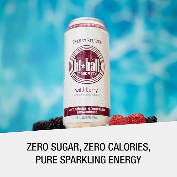 Hiball Clean Energy Drink - Wild Berry - Zero Sugar, Zero Calorie Sparkling Water with 160mg Organic Caffeine, 50mg Organic Ginseng, 50mg Organic Guarana and B Vitamins - 16 fl oz (8-Pack)-FlexoryFit
