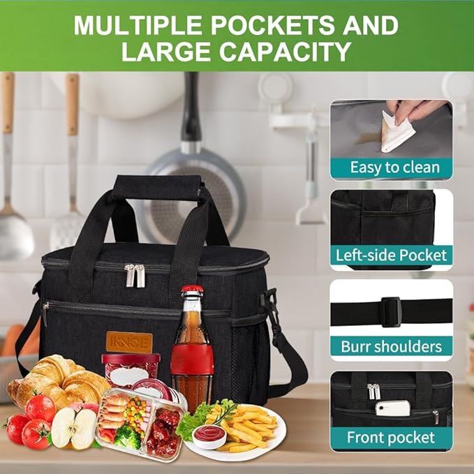iknoe Insulated Lunch Bag, Foldable 8.5L Cooler Bag for Men & Women, Leakproof Thermal Design, Great for Office, Picnic, Travel, Lunch Box, Black-FlexoryFit