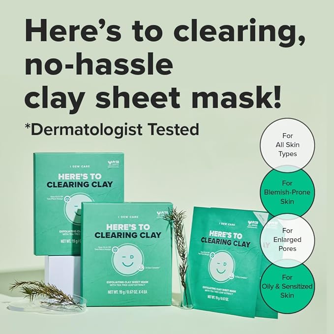 I DEW CARE Face Sheet Mask - Here's To Clearing Clay | Daily Exfoliate, Decongest, Minimize Pores, Soothe, Infused with 3-Clay Complex, Tea Tree, Centella Asiatica, Moisturizing, 4ea-FlexoryFit