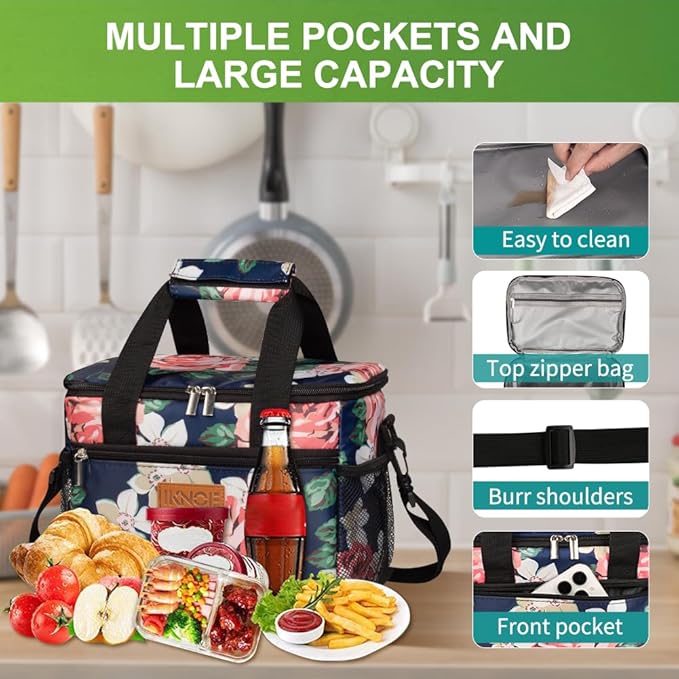iknoe Large Foldable Cooler Bag, 8.5L Insulated Lunch Bag, Leakproof Lunch Cooler Tote with Multi-Bag Design Suitable for Beach, Picnic and Office Use, Flower 15-Can-FlexoryFit