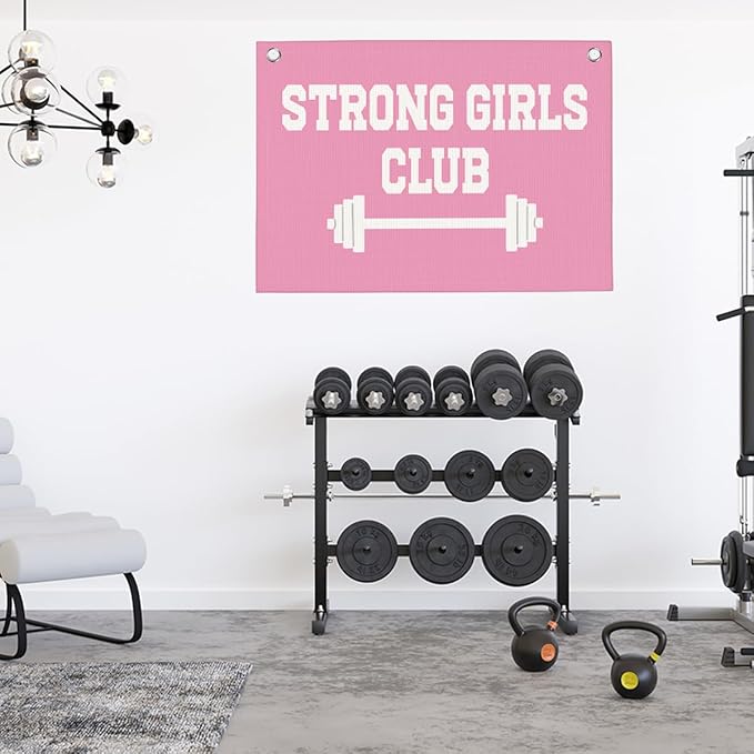 Strong Girls Club Pink Gym Motivational Wall Art Banner College Dorm Posters Gifts for Girls Women Gym Flag Decor for Home Gym Bedroom Workout Room 30x20 Inchs