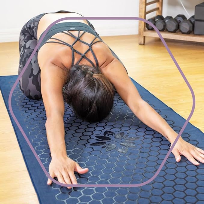 Clever Yoga Non-Slip Hot Yoga Towel – Non-Slip Grip for Hot Yoga, Sweat Absorbent, Honeycomb Silicone Grip, Stays Flat – Ideal for Pilates, Travel, Washable & Lightweight - Dark Blue-FlexoryFit