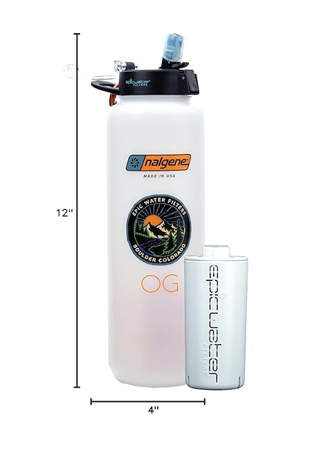 Epic Water Filters Nalgene OG Water Bottle with Filter, USA Made, BPA Free, Removes 99.99% Tap Water Contaminants, Forever Chemicals, White LDPE, 48 oz