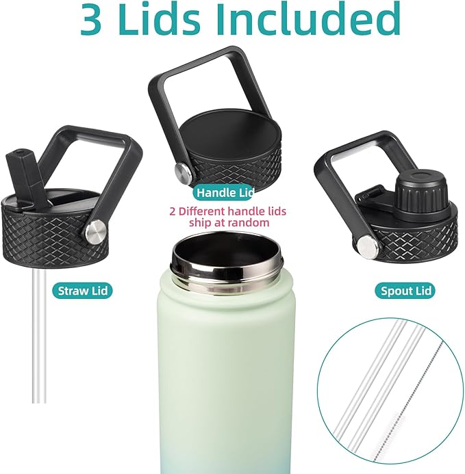 18 oz Insulated Water Bottle Stainless Steel Sport Bottles with 3 Lids,Mint-FlexoryFit