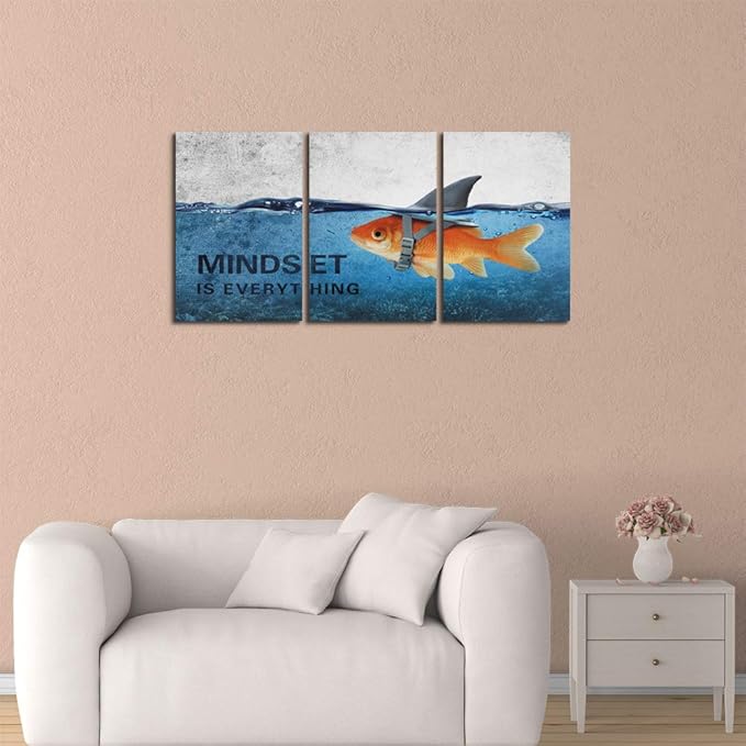 3 Panels Modern Framed Inspirational Canvas Wall Art Goldfish Body Strong Shark Heart Mindset is Everything Motivational Wooden Decor Posters for Office Gym Classroom Home Decoration(48''W x 24''H)-FlexoryFit