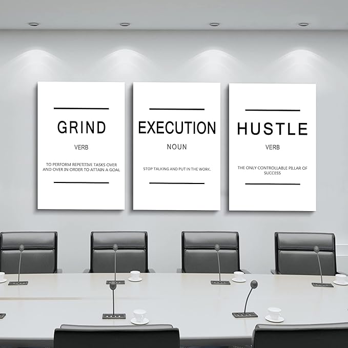 Framed Canvas Wall Art Success Quote - Office Wall Art, White Large Poster, Positive Motivational Set of 3 Prints, Execute Grand Hustle Poster, Inspirational Print (C-3pcs,20x30inchx3pcs)-FlexoryFit