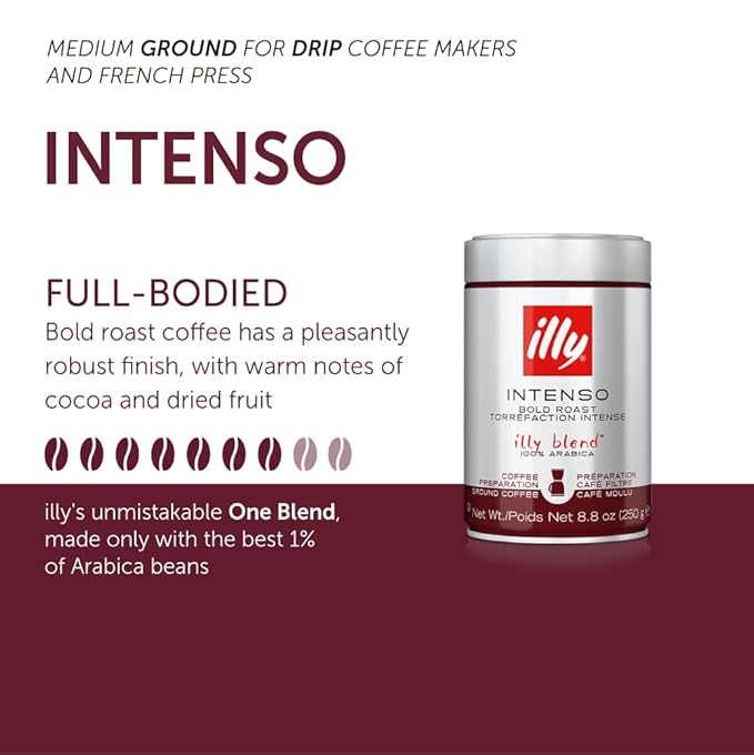 Illy Ground Drip Coffee - Intenso Bold Roast - Bold & Flavorful - 100% Arabica - Pre-Ground for Drip Pour Over - Pressurized Packaging Sealed for Freshness - 8.8oz (Pack of 6)-FlexoryFit