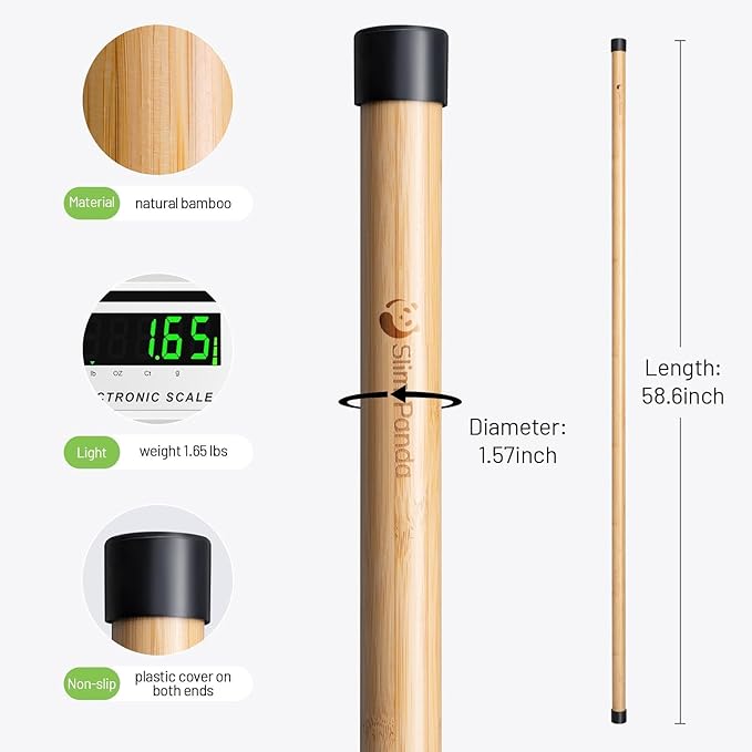 Slim Panda Yoga Stick, 5ft Natural Bamboo Stick with Rubber Ends, Exercise Stretching Stick for Yoga, Stretching, Balance and Correcting Posture, Rehabilitation Physical Therapy Aids-FlexoryFit