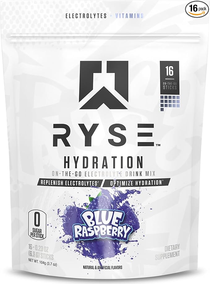 RYSE Hydration Electrolyte Powder Drink Mix Packets - Blue Raspberry - Sugar-Free Full Spectrum Electrolytes with Essential Vitamins, Taurine and Choline for Rehydration - 16 Serving Sticks