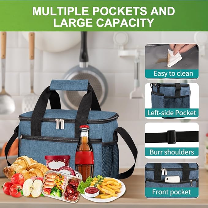 iknoe Large Foldable Cooler Bag, 8.5L Insulated Lunch Bag, Leakproof Lunch Cooler Tote with Multi-Bag Design Suitable for Beach, Picnic and Office Use, Blue 15-Can-FlexoryFit