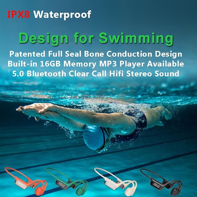 IHAO Swimming Headphones True Bone Conduction Open Ear Headset MP3 Player Built-in 32G Memory IP68 Underwater Waterproof Stereo Bluetooth Earphone for Driving Bicycling Running Skiing-Grey