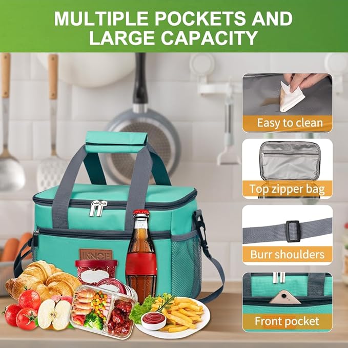 iknoe Large Foldable Cooler Bag, 8.5L Insulated Lunch Bag, Leakproof Lunch Cooler Tote with Multi-Bag Design Suitable for Beach, Picnic and Office Use,Mint Green 15-Can-FlexoryFit