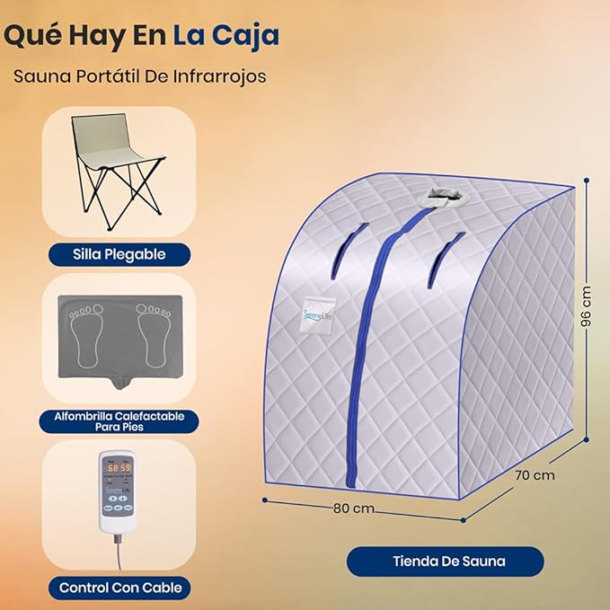 SereneLife Portable Sauna Box for Home, Infrared Sauna Tent with Heated Foot Pad and Folding Chair, Remote Control In-Home Spa, 38" x 32” - (Silver)