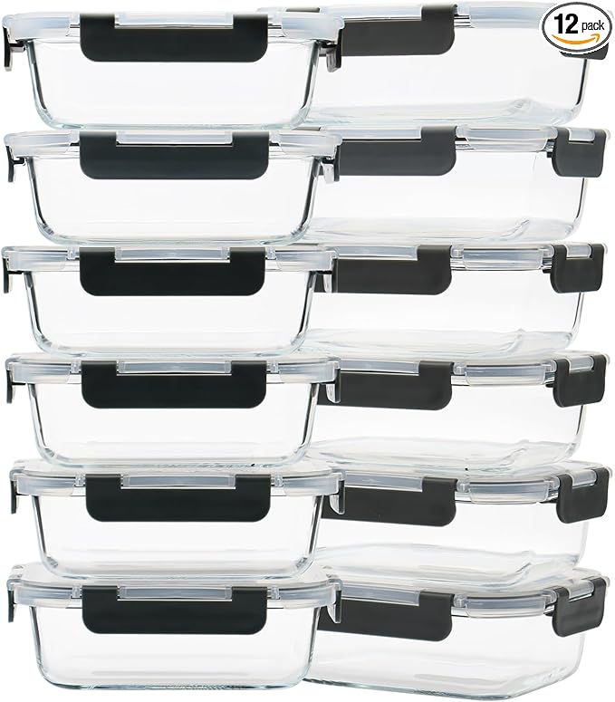 12 Pack 22oz Glass Meal Prep Containers, Food Storage Containers with Lids, Air-Tight, Leak-Resistant, Freezer to Microwave Safe - Grey Set-FlexoryFit