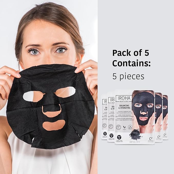 IROHA NATURE Face Masks - Packs for Better Skin (Pack of 5, Rebalancing & Hydrating Tissue Face Mask with Charcoal & Hyaluronic Acid)-FlexoryFit
