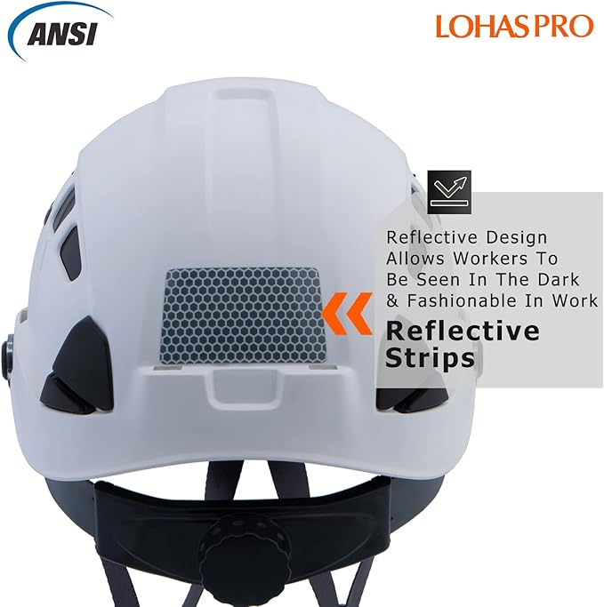 LOHASPRO Hard Hats Construction Safety Helmet with Visor ANSI Z89.1 Approved OSHA Hardhat, Vented Men White Hard Hat with Chin Strap Tree Climbing Arborist Helmet (P1 White+Clear Visor)
