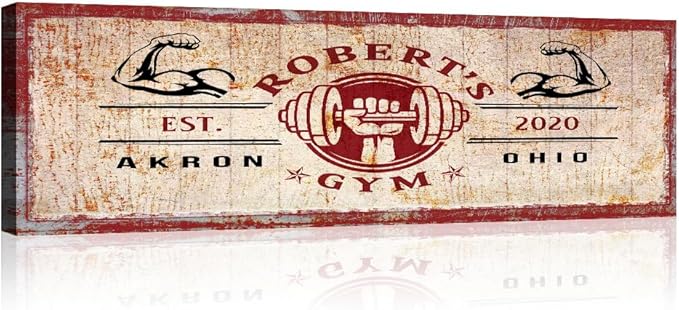 Tailored Canvases Personalized Gym Sign Wall Art Decor - Motivational Canvas for Home Gym, Workout Room, Garage, Fitness Center - Workout Inspirational Posters - One Hand Dumbbell on Rustic Red, 48x16in