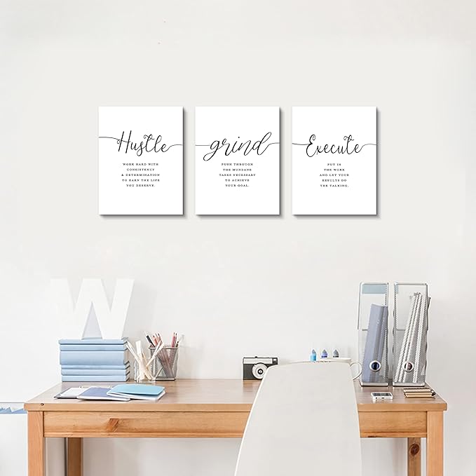 Framed Canvas Wall Art Grind Hustle Quote Poster, Office Wall Art, Positive Motivational Set of 3 Prints, Hustle prints Execute, Inspirational Wall Decor Art (H-3pcs,12x16inchx3pcs)-FlexoryFit