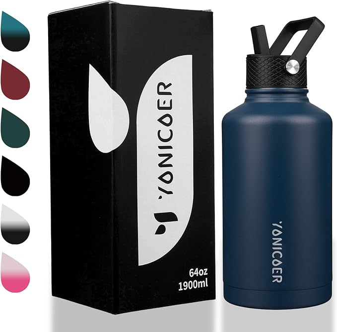 Insulated Water Bottle 64oz,Triple Wall Vacuum Stainless Steel(Dishwasher Safe),Leak Proof & Non-BPA,Flask Jug with Paracord Handle & Straw Spout Lids Sports-FlexoryFit