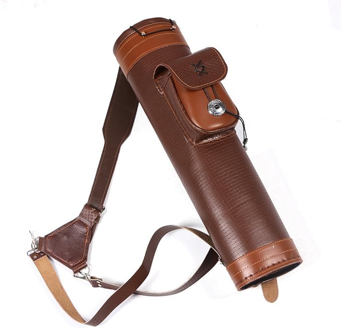 TOPARCHERY Traditional Shoulder Back Quiver Bow Leather Arrow Holder with Large Pouch Handmade Straps Belt Bag Brown