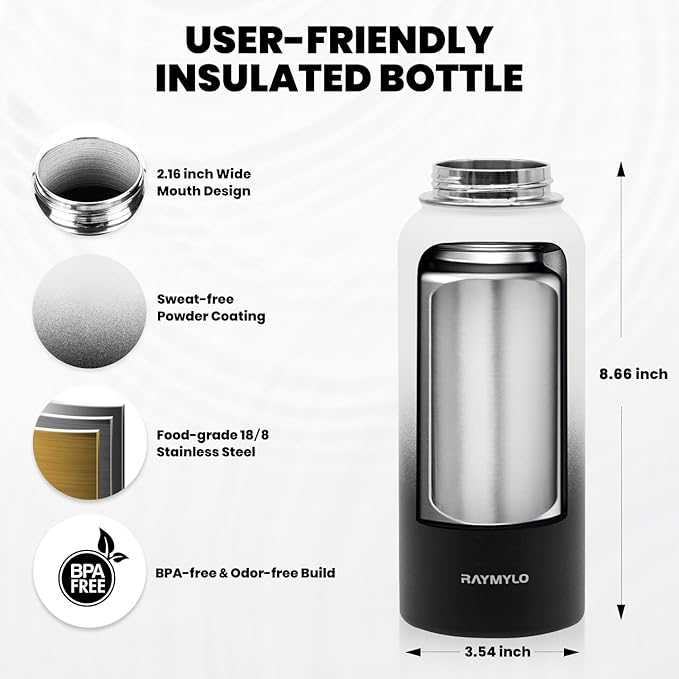 Insulated Water Bottle 32 oz, Triple Wall Vacuum Stainless Steel (Cold for 48 Hrs), Leak Proof & Non-BPA, Modern Water Flask Jug with Paracord Handle & Straw Spout Lids, Ombre: White/Black-FlexoryFit