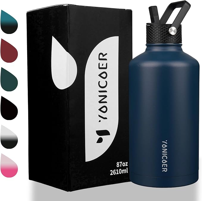 Insulated Water Bottle 64oz,Triple Wall Vacuum Stainless Steel(Dishwasher Safe),Leak Proof & Non-BPA,Flask Jug with Paracord Handle & Straw Spout Lids Sports-FlexoryFit