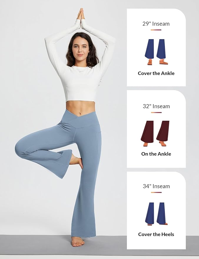 baleaf Women's V Crossover Flare Leggings with Pockets Yoga Pants High Waist Casual Workout Gym Bell Bottom Leggings-FlexoryFit