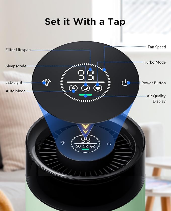 MSB5 Air Purifiers for Bedroom, H13 True HEPA Air Purifier for Home Room Office, 20dB Quiet Air Cleaner with Sleep Mode Colorful Night Light for Pets Dander Pollen Mold (Green)