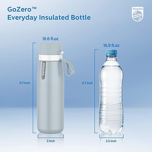 PHILIPS Water Bottle with Filter, Filter Water Bottle Stainless Steel with GoZero Everyday BPA-Free Tap Water Filter, Water Filter Bottle Keep Drink Cold 24 Hours, 3 Filters for 120 gal / 6 Months