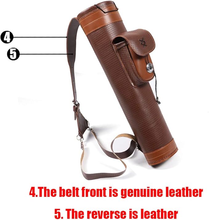 TOPARCHERY Traditional Shoulder Back Quiver Bow Leather Arrow Holder with Large Pouch Handmade Straps Belt Bag Brown
