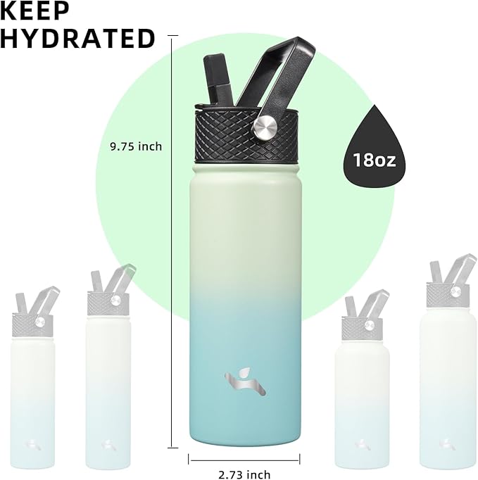 18 oz Insulated Water Bottle Stainless Steel Sport Bottles with 3 Lids,Mint-FlexoryFit