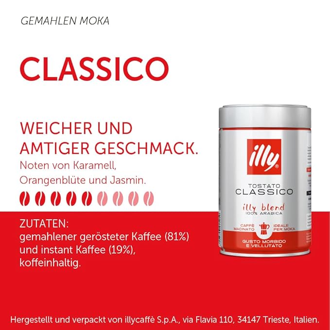 illy Ground Coffee Moka - 100% Arabica Flavored Coffee Ground - Rich Aromatic Coffee Grounds Profile – Classico Medium Roast - Notes of Caramel, Orange Blossom & Jasmine - No Preservatives – 8.8 Ounce-FlexoryFit