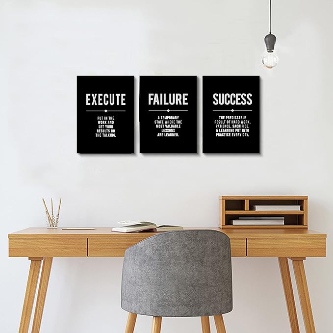 Framed Canvas Wall Art Success Quote For Office, Black Large Positive Motivational Poster, Set of 3, Execute Failure Definition, Inspirational Print (A-3pcs,12x16inchx3pcs)-FlexoryFit