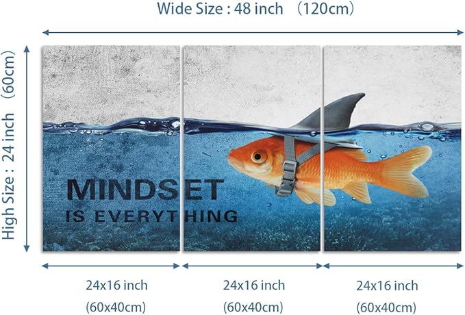 3 Panels Modern Framed Inspirational Canvas Wall Art Goldfish Body Strong Shark Heart Mindset is Everything Motivational Wooden Decor Posters for Office Gym Classroom Home Decoration(48''W x 24''H)-FlexoryFit