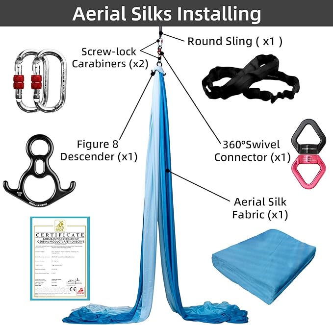PRIOR FITNESS Aerial Silks Kit Colorful 9/15/20 Yards 40D Nylon Fabric Hammock Set With Hardware & Guide for All Levels Of Aerial Yoga Practice and Acrobatic Flying For Adults Aerial silk-FlexoryFit