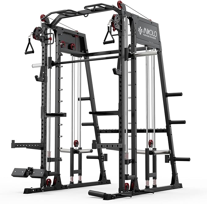 Mikolo Smith Machine, 2200lbs Squat Rack with LAT-Pull Down System & Cable Crossover Machine, Training Equipment with Leg Hold-Down Attachment-FlexoryFit