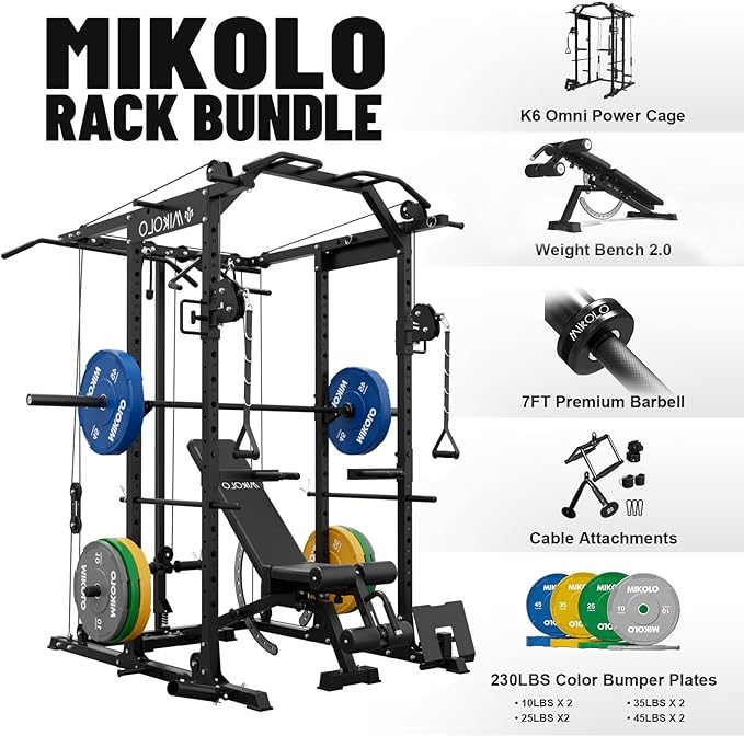 Mikolo Power Cage, Power Rack with Cable Crossover System, 1500LBS Squat Rack with LAT Pull Down System, Workout Cage with Pulley System for Fitness Home Gym-FlexoryFit