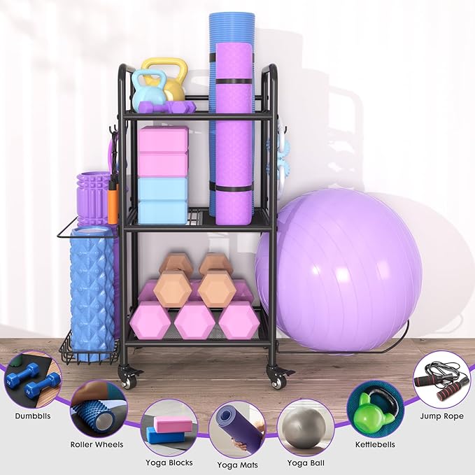 Home Gym Storage Rack Exercise Equipment Storage Organizer for Yoga Mat Dumbbells Kettlebells Foam Roller Yoga Strap & Resistance Bands, Ideal Yoga Mat Holder & Workout Equipment Organizer-FlexoryFit