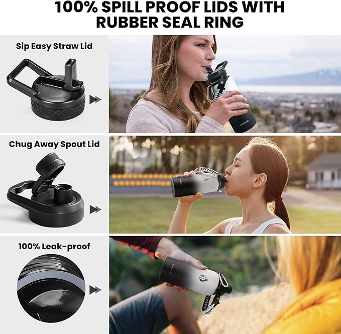 Insulated Water Bottle 32 oz, Triple Wall Vacuum Stainless Steel (Cold for 48 Hrs), Leak Proof & Non-BPA, Modern Water Flask Jug with Paracord Handle & Straw Spout Lids, Ombre: White/Black-FlexoryFit
