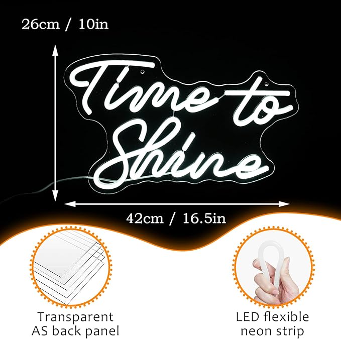 Time To Shine Neon Sign White Led Sign Time To Shine Neon Lights Decor for Lover Dimmable Letter Neon Wall Signs USB Powered with Switch Neon Signs for Wall Decor Party Wedding(16.5’’X10.2’’)