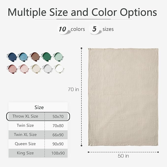 Carriediosa 100% Cotton Muslin Throw Blanket 50" X 70" Throw XL Size,4-Layers Summer Gauze Throws for Bed Couch,Soft Lightweight Breathable Linen Blankets Bedspread for Adults All Season,Khaki