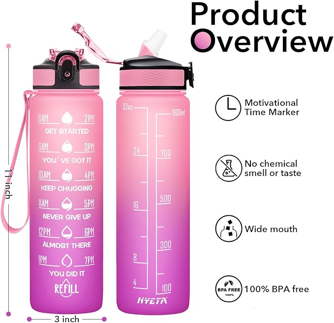 Hyeta 32 oz Water Bottles with Times to Drink and Straw, Motivational Water Bottle with Time Marker, Leakproof, Drinking Sports Water Bottle for Fitness, Gym and Outdoor-FlexoryFit