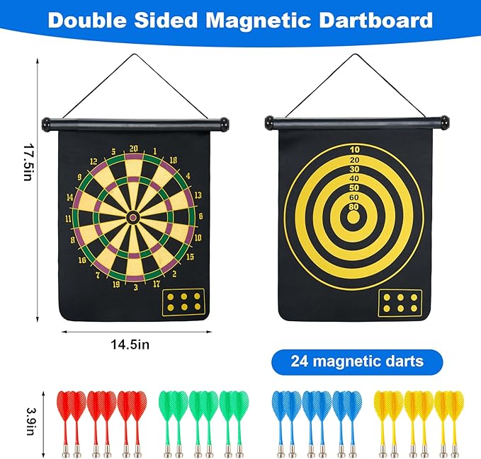 Magnetic Dart Board with 24pcs Darts,Indoor Outdoor Dart Game for Kids and Adults,2in1 Rollup Safe Dart Flights Toys Set for 3-12 Year Old Boys Girls Christmas Birthday Gifts
