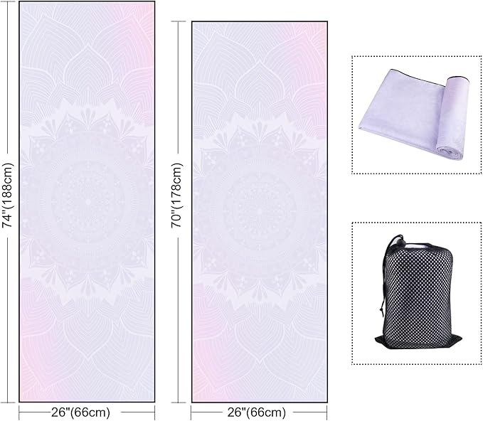 QiyI Yoga Mat Towel with Corner Pockets, Non Slip Sweat Absorbent Hot Yoga Towels, Soft Yoga Blankets with Travel Bag, Skidless Mat Cover for Workout, Gym, Fitness - 70"x26", Purple Mandala-FlexoryFit